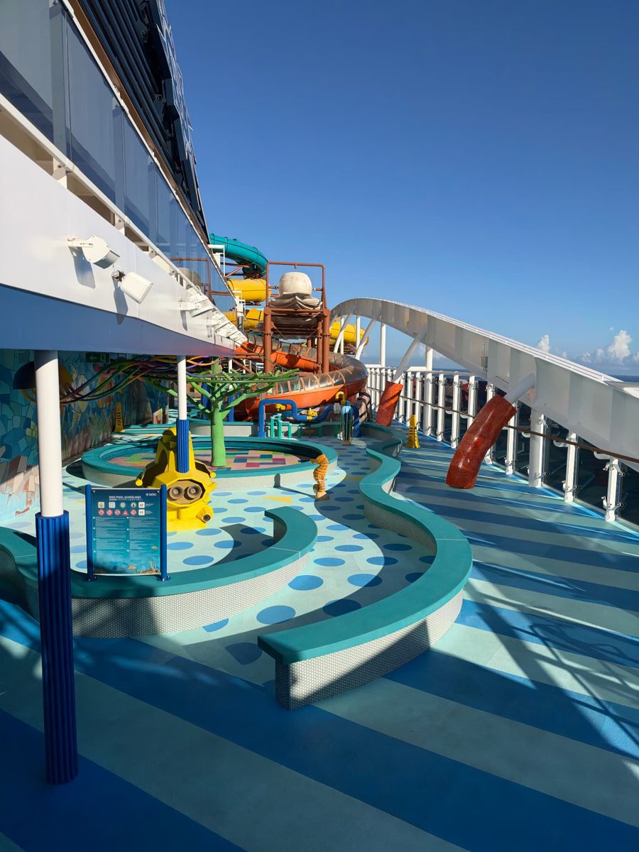 Colorful splash play area and waterslides photographed on Chris’s MSC sailing