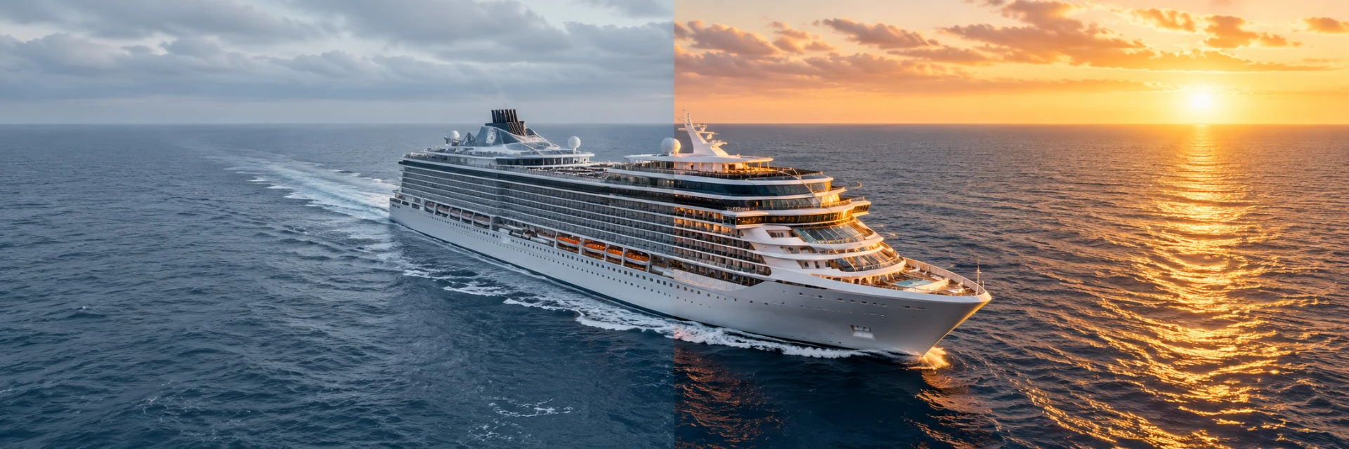 Cruise ship transitioning from muted blue tones to warm golden-hour light, representing self-booking and personalized cruise planning.