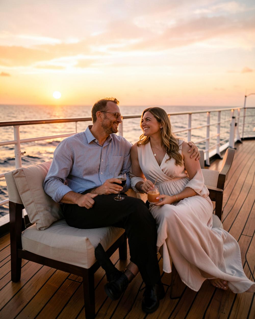 An ocean horizon at sunset from the deck of a ship.