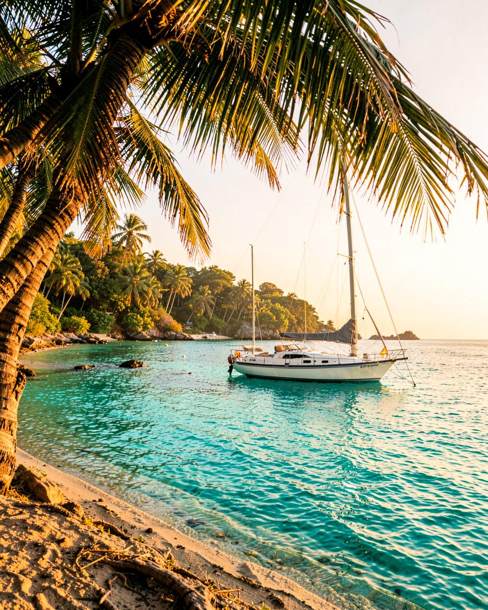 Turquoise Caribbean water and palm-lined shore