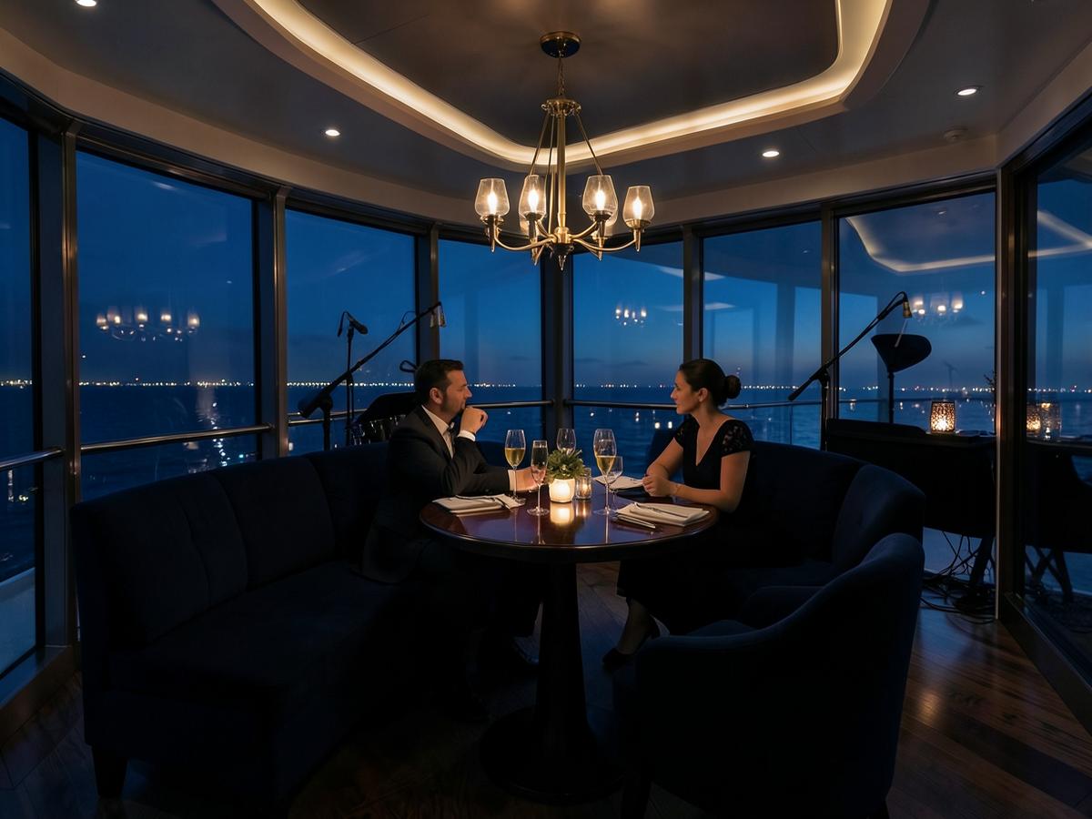An intimate evening lounge with warm lighting and ocean views