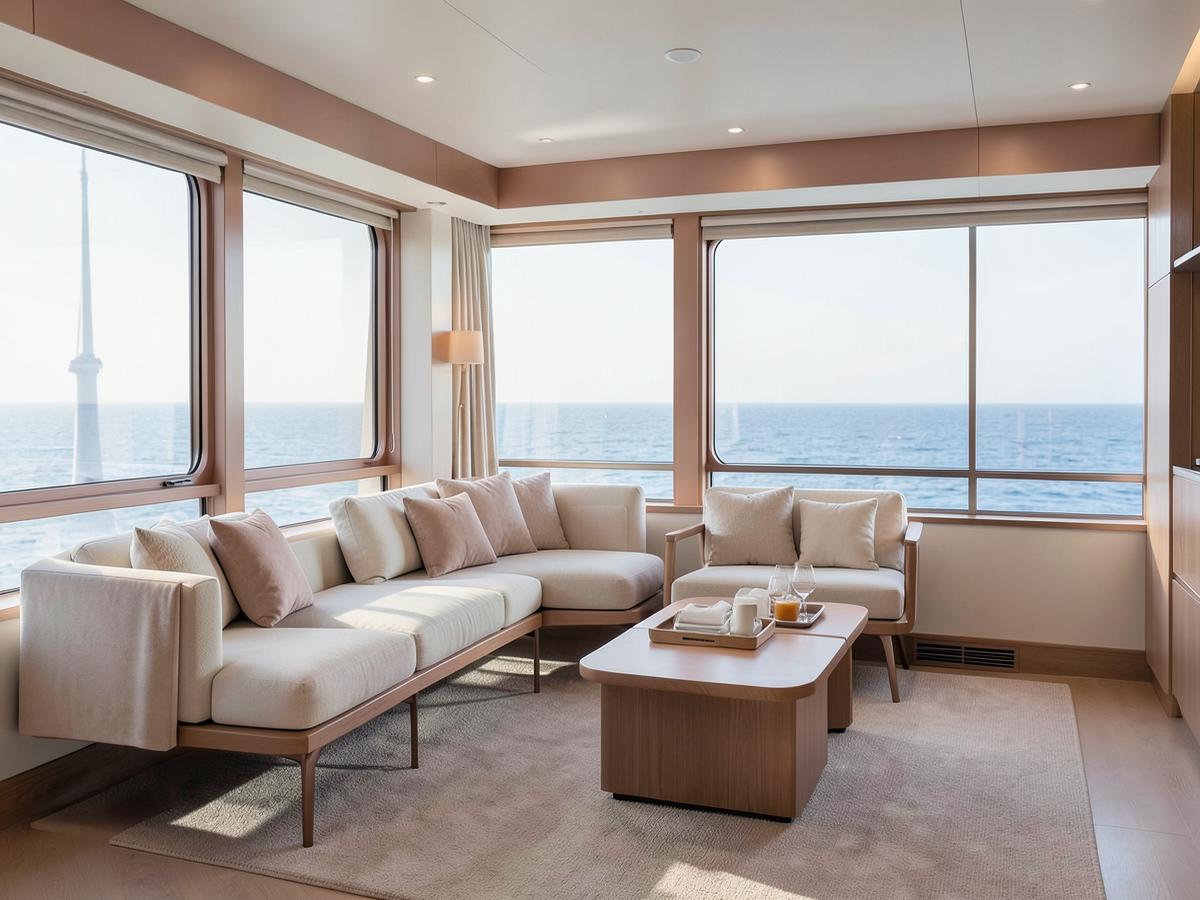 A serene ocean-view relaxation lounge in soft neutral tones