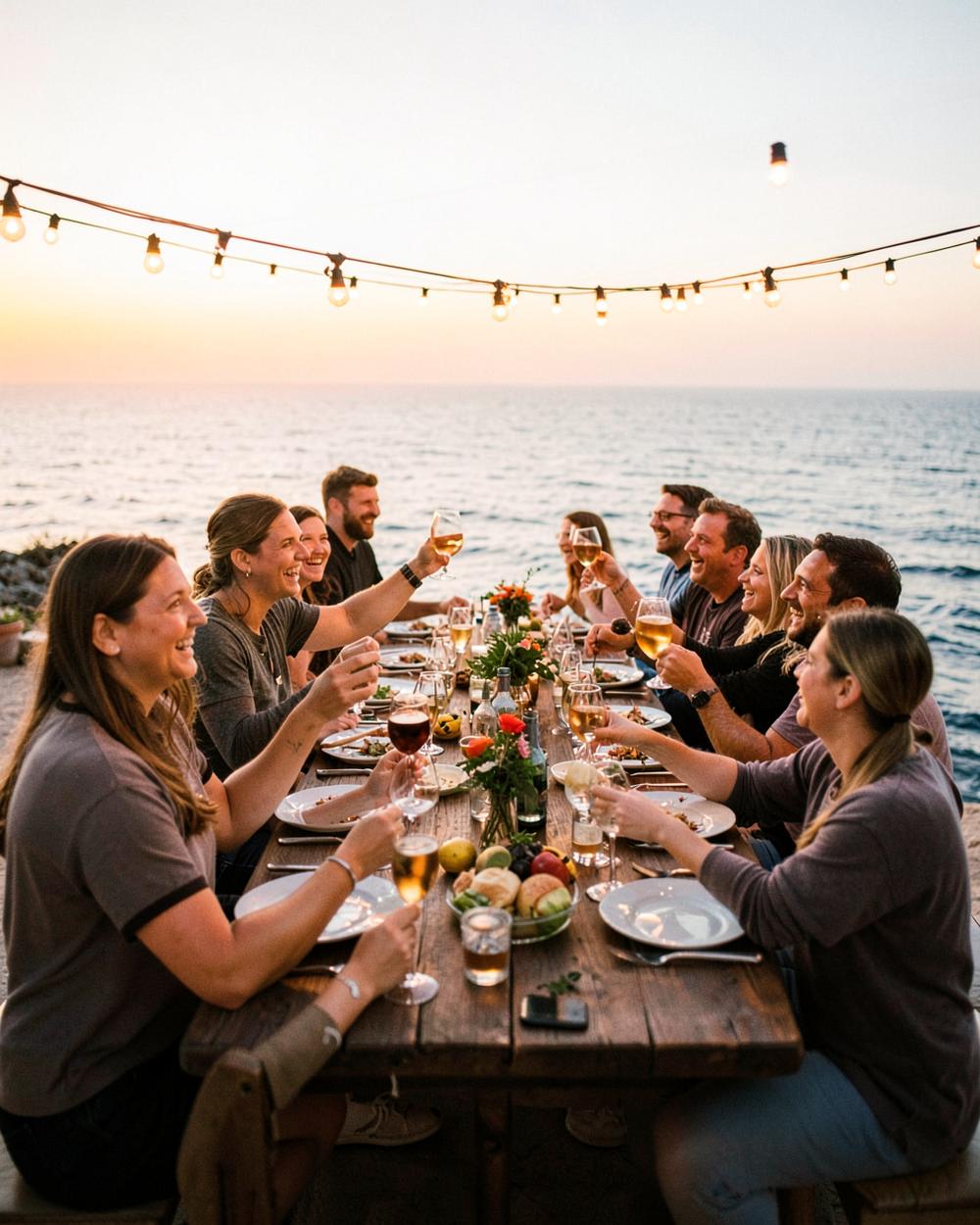 Friends raising glasses together at an outdoor celebration by the sea.