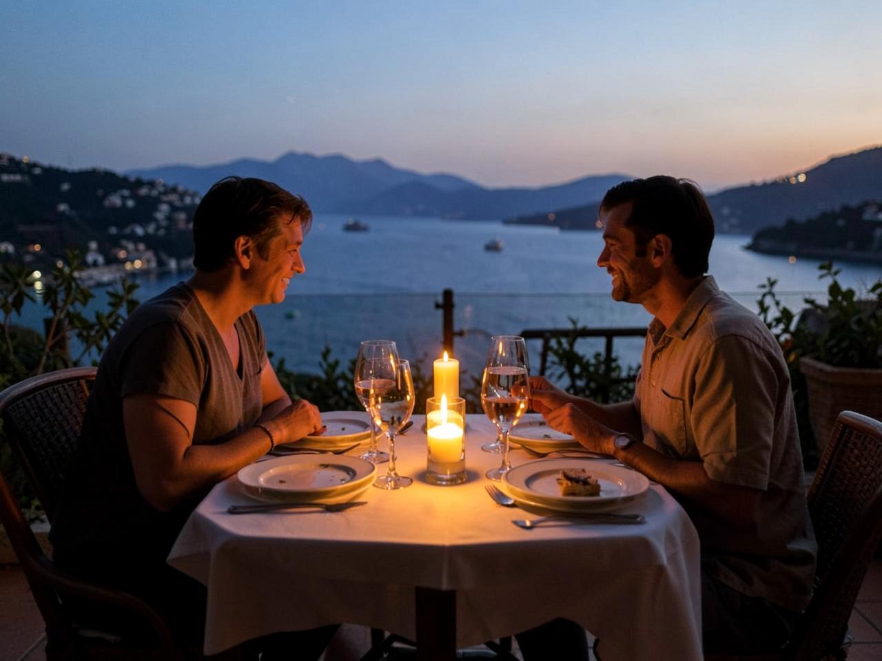 A candlelit dinner table on a terrace above a Mediterranean bay at dusk.