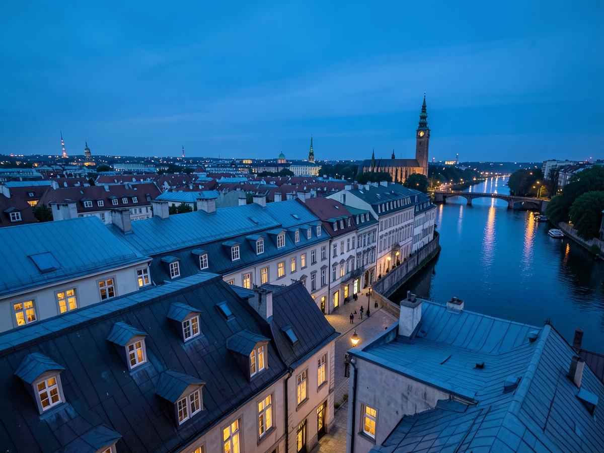 European rooftops and a river at blue hour with warm window lights.