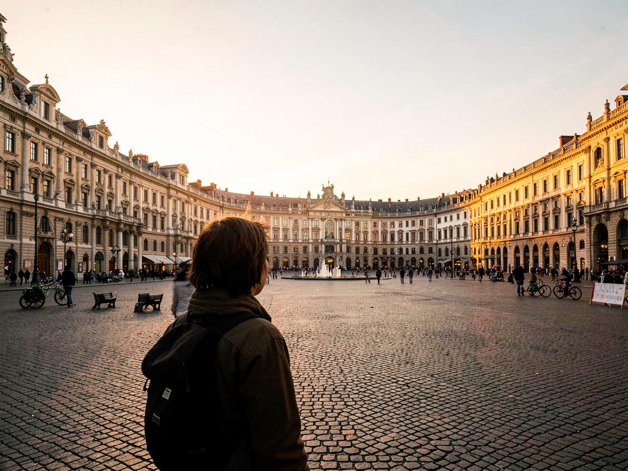 A traveler looking across a grand European city square at golden hour.