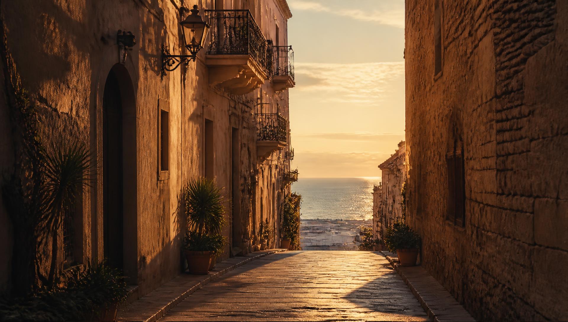 A narrow European coastal town street sloping toward the sea at golden hour.