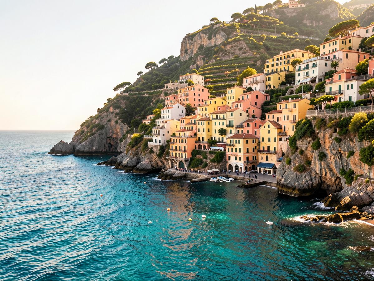 A pastel cliffside village above a turquoise Mediterranean bay.