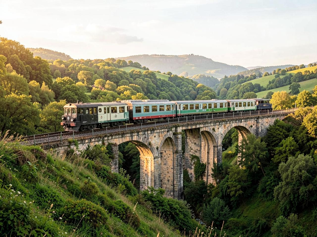 A passenger train crossing a stone viaduct through green countryside.