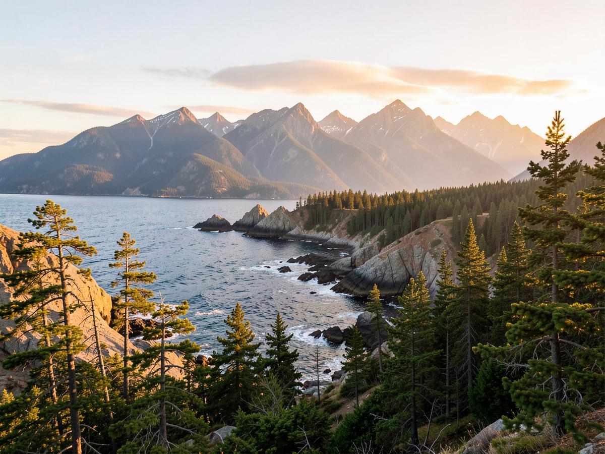 A rugged pine-lined coastline with mountains in warm evening light.