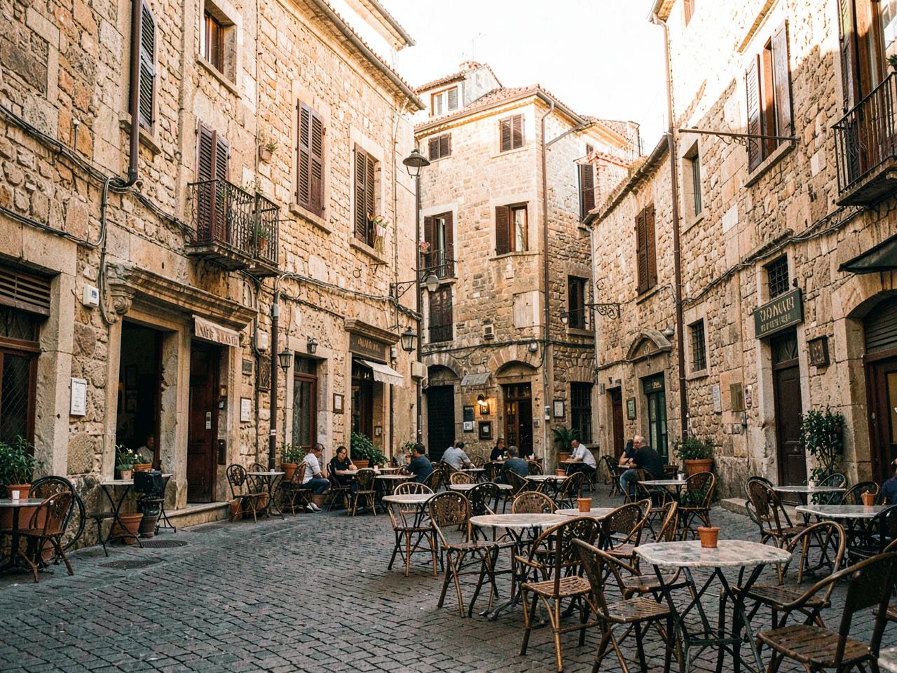 A quiet old-town square with cafe tables and warm stone buildings.
