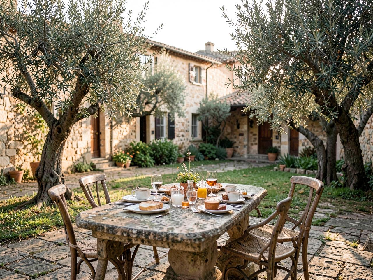 A stone table set for breakfast in a countryside villa courtyard with olive trees.