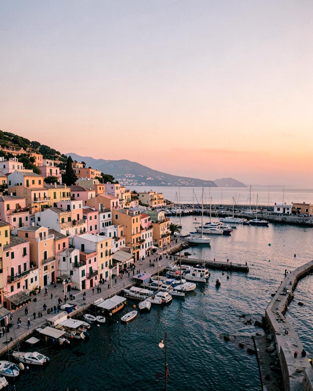 A European harbor town seen from the water in warm evening light.