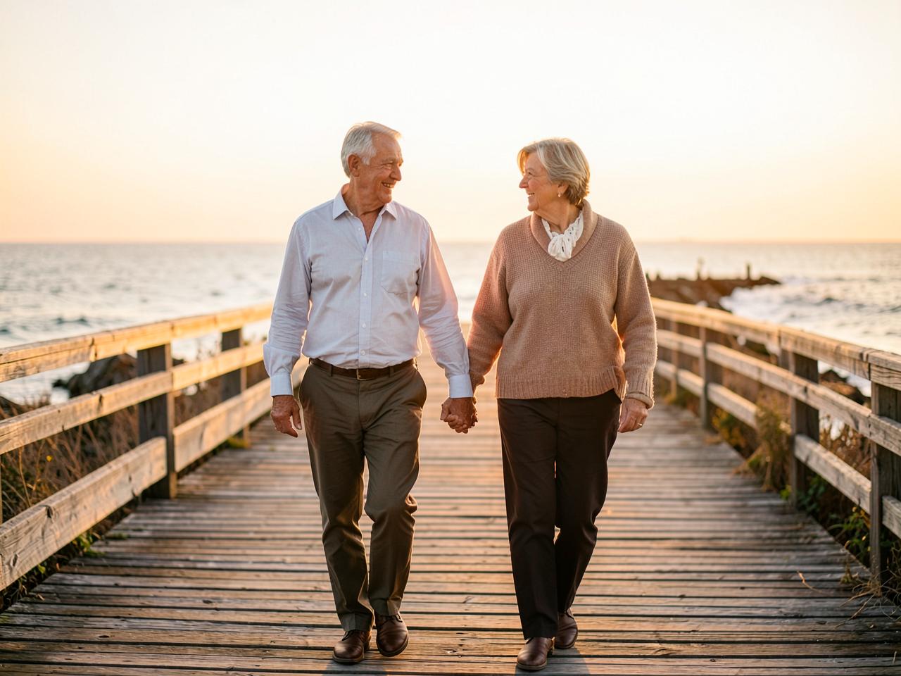 A couple walking together along a coastal boardwalk in evening light.