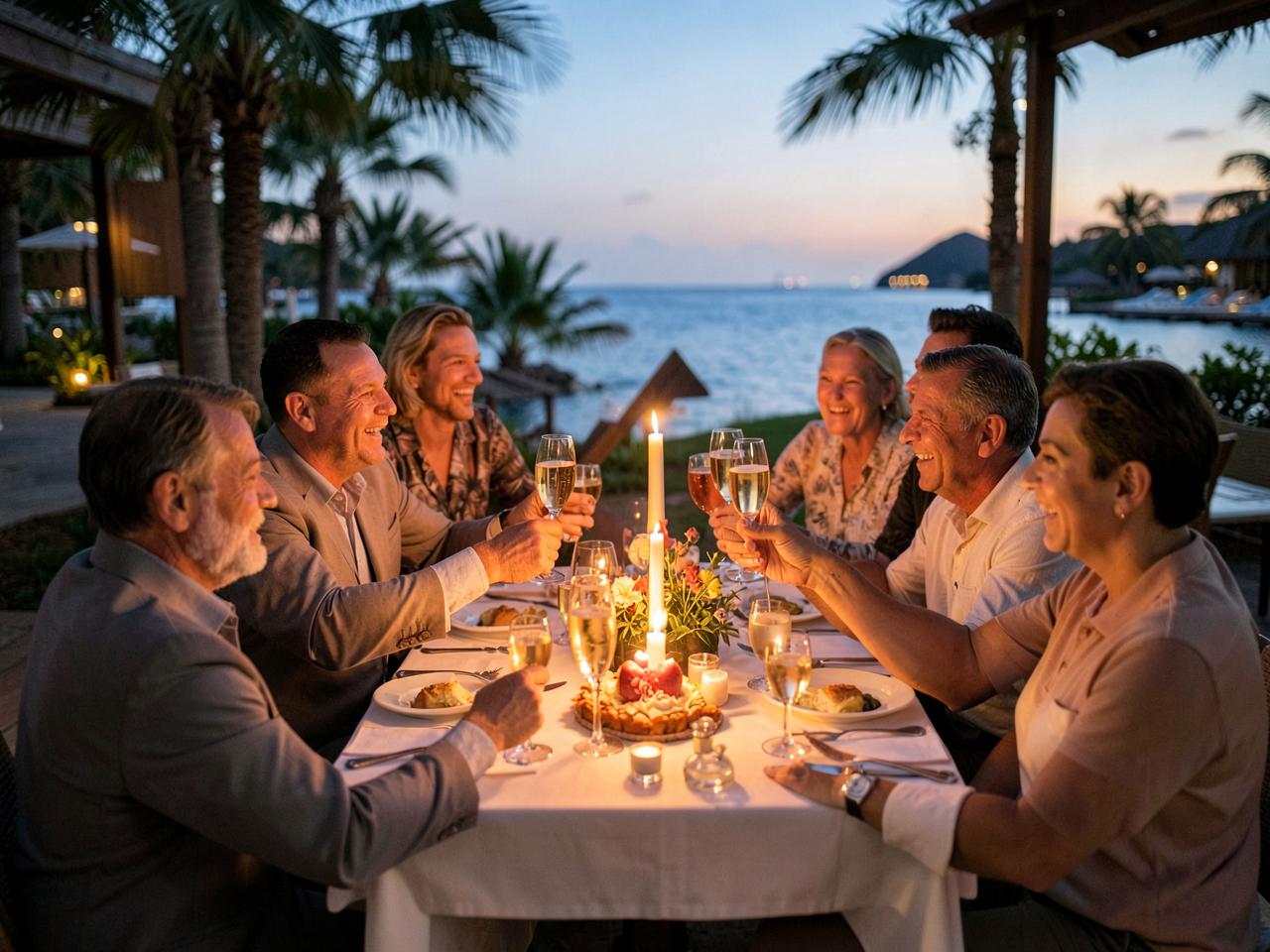 Friends raising glasses around a candlelit table on a seaside terrace.