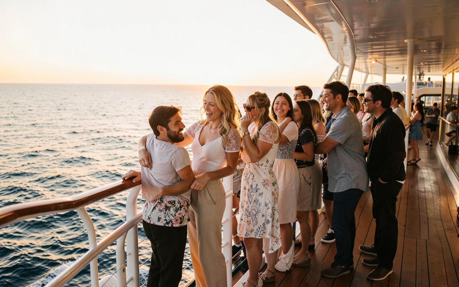 A group of travelers gathered along a ship railing at sunset.