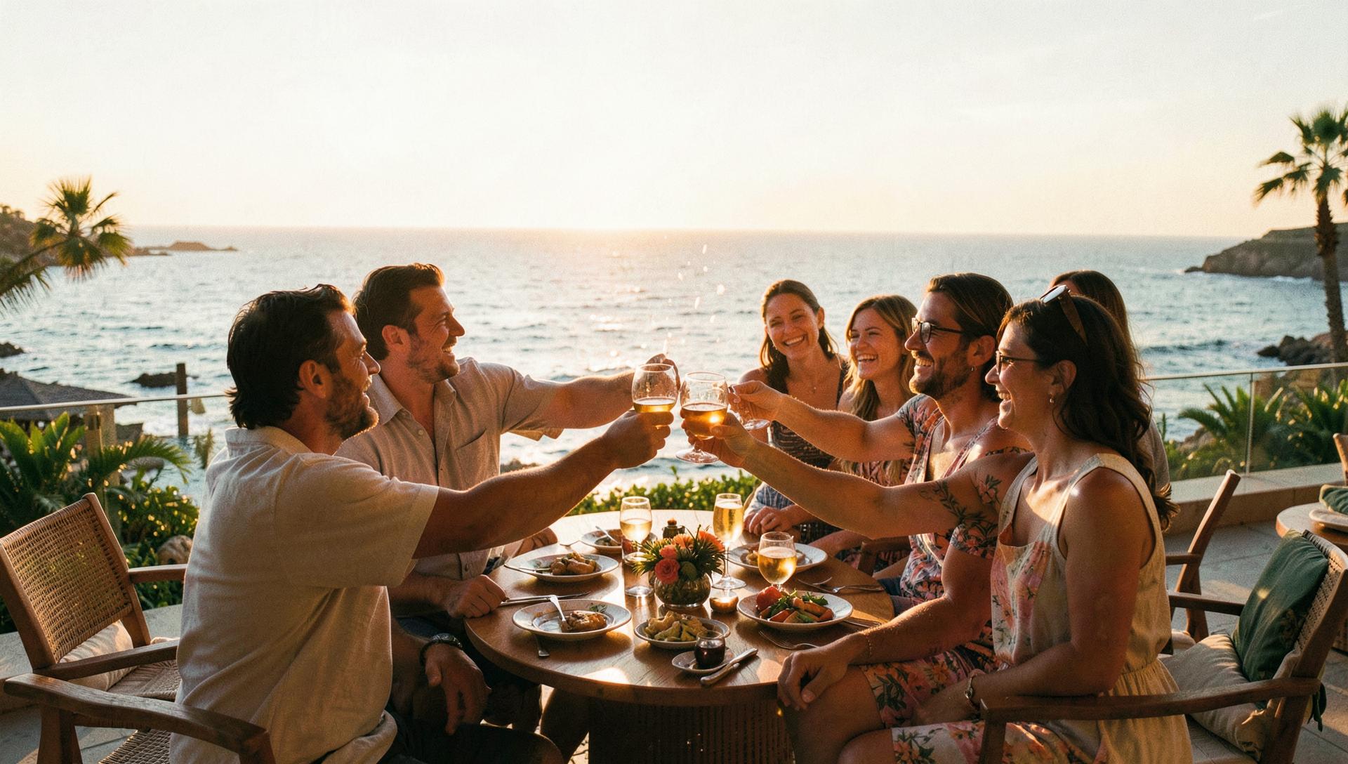 A group of travelers raising glasses together on an oceanfront terrace at sunset.