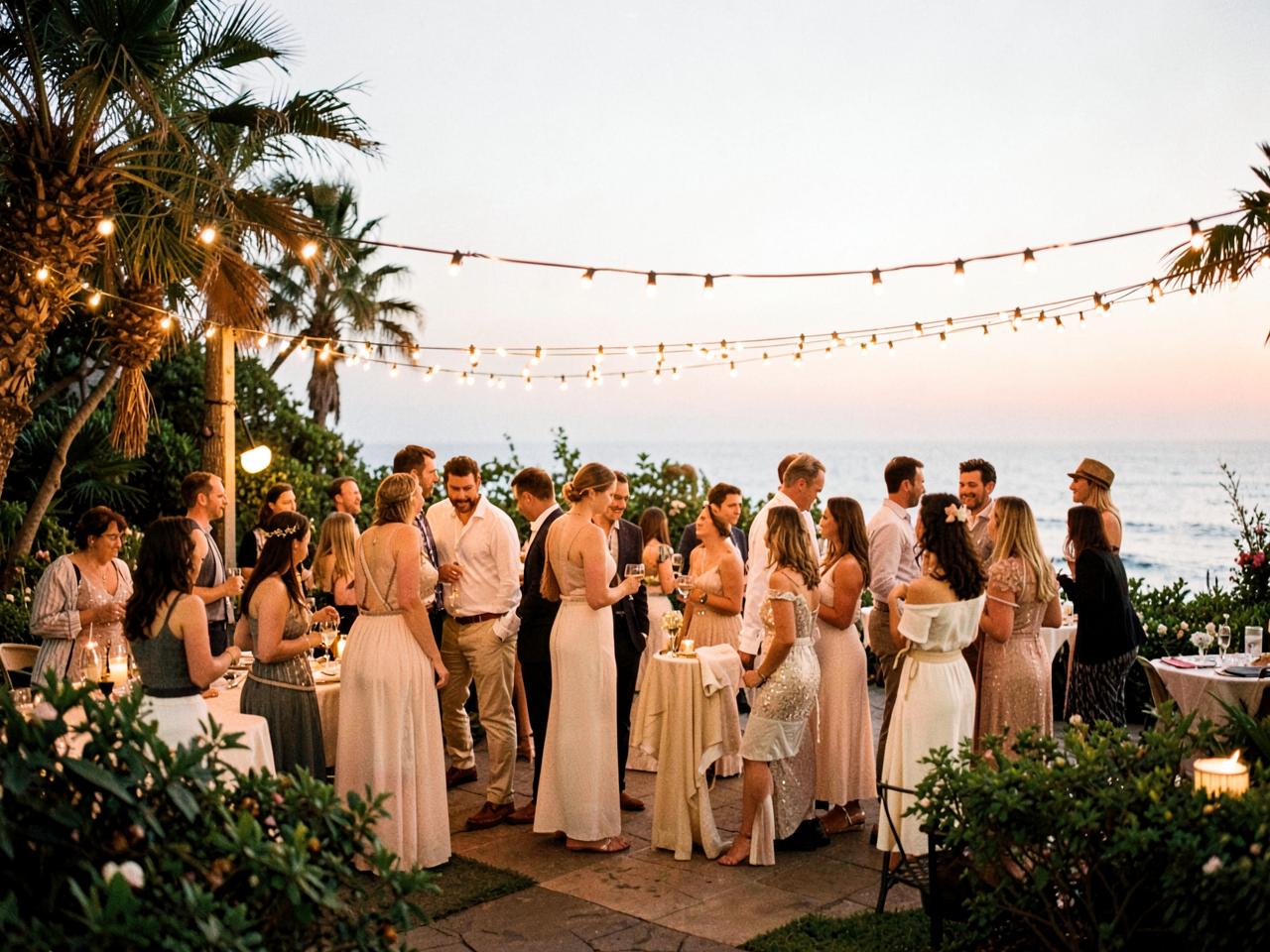 Guests gathered under string lights in a seaside garden at dusk.
