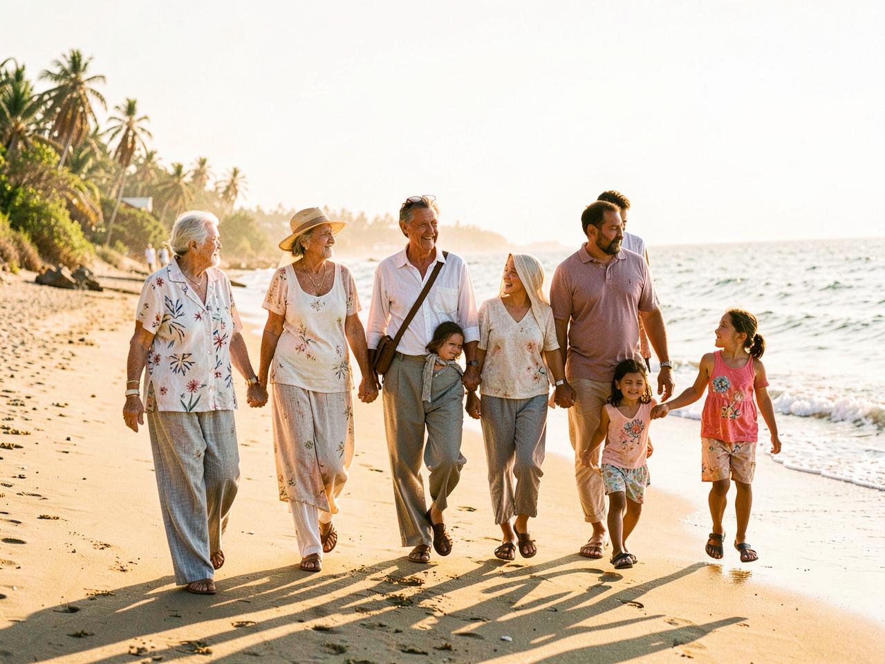 Several generations of a family walking along a sunlit beach.