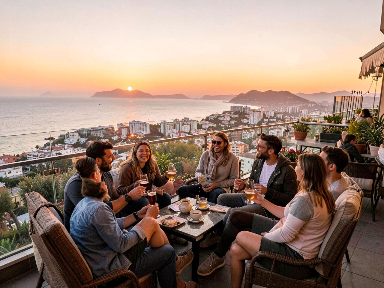 Friends talking around a table on a rooftop terrace above a coastal city.