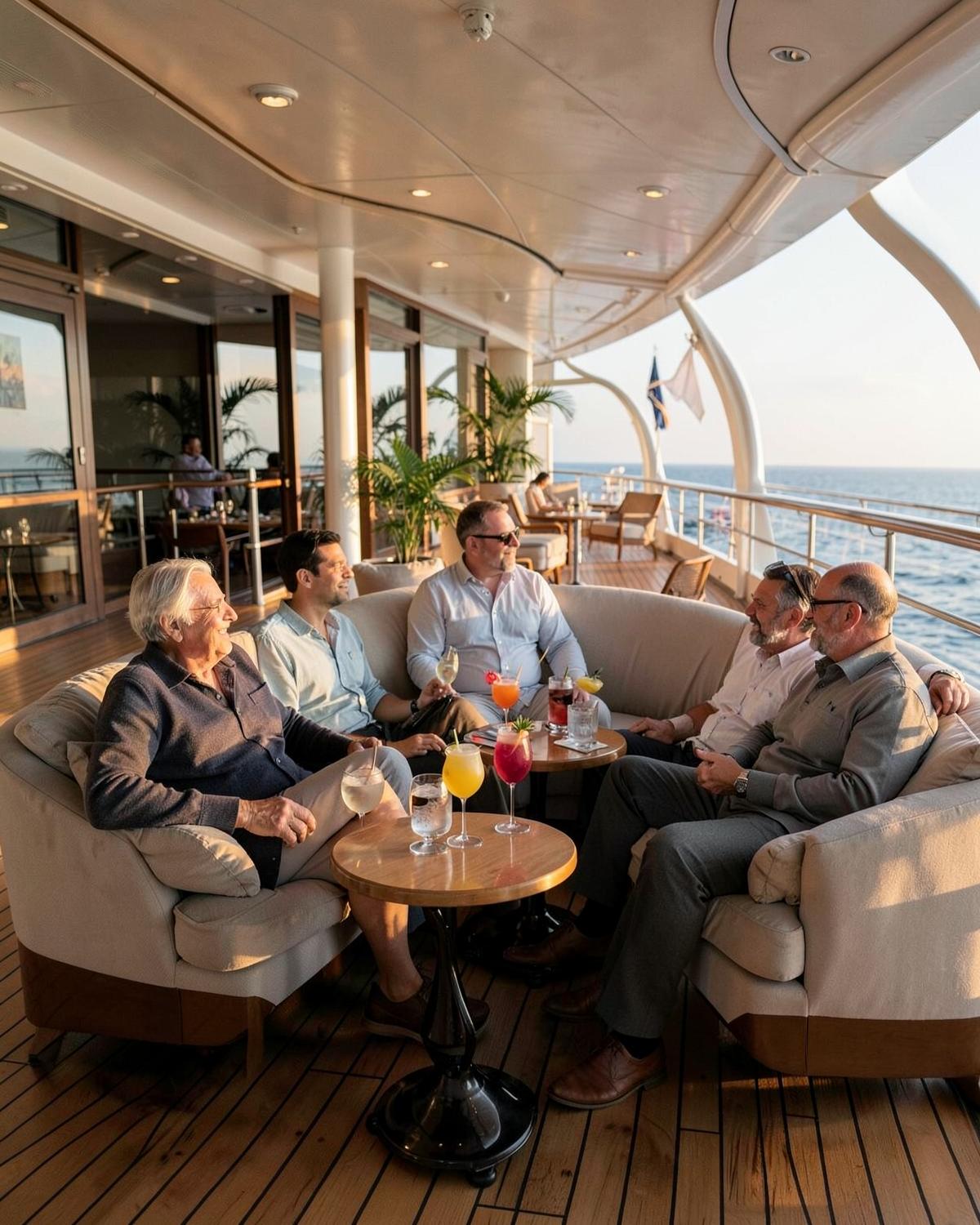 Guests relaxing with drinks in a stylish sundeck lounge