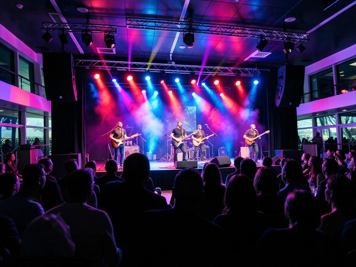 A live band performing in a colorful onboard lounge