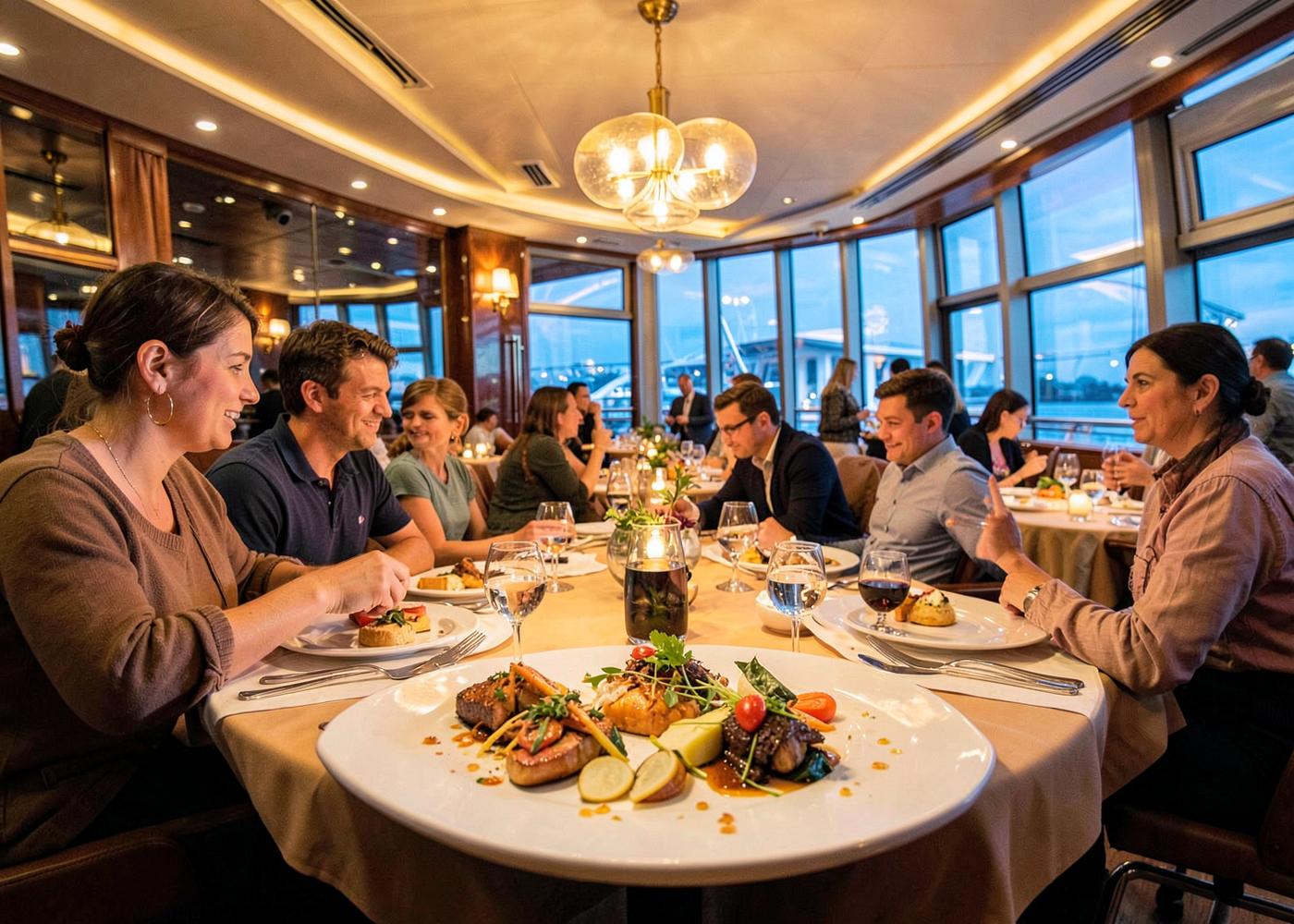 Guests dining in a warmly lit ship restaurant