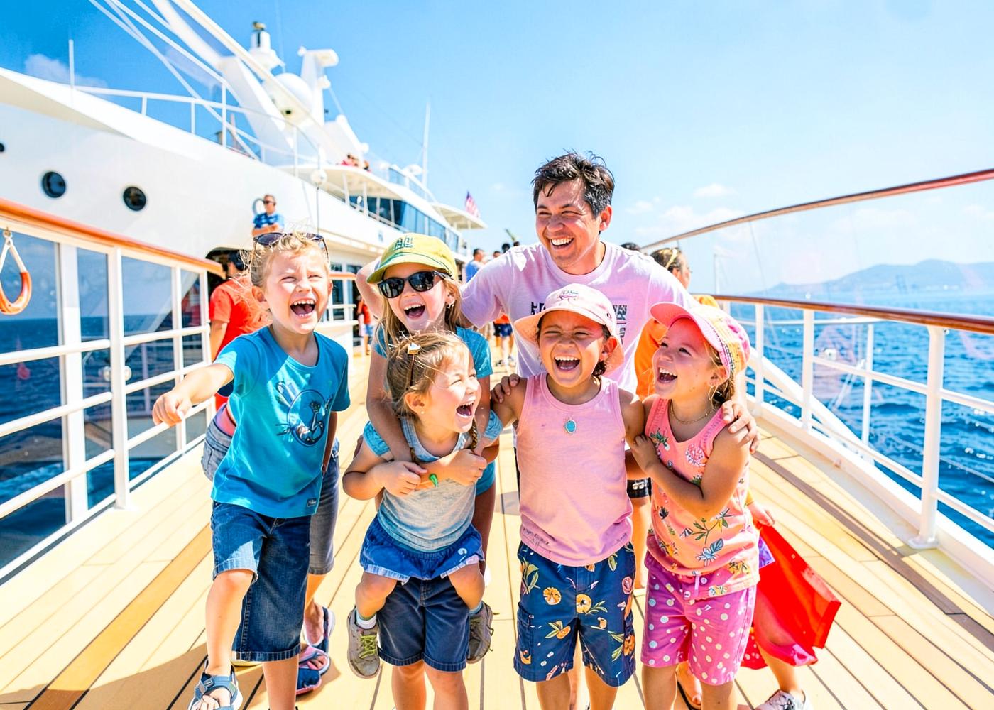 Family laughing together on a sunny cruise ship deck