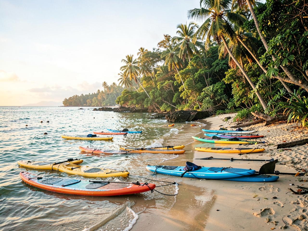 Kayaks and paddleboards resting on a tropical shoreline beside a jungle trail.