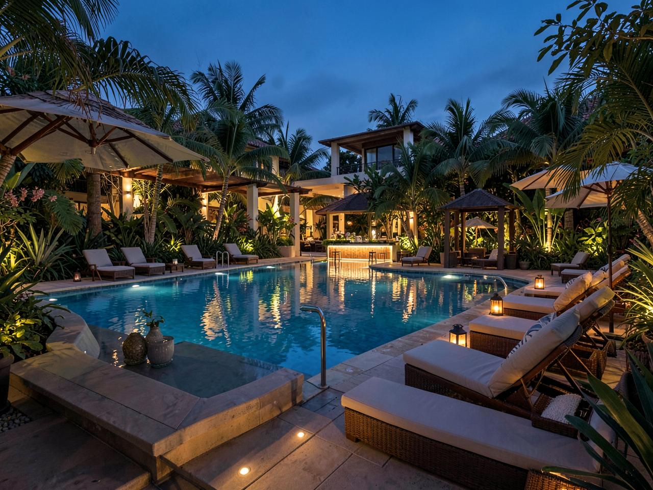 A softly lit resort pool and bar surrounded by tropical greenery at dusk.