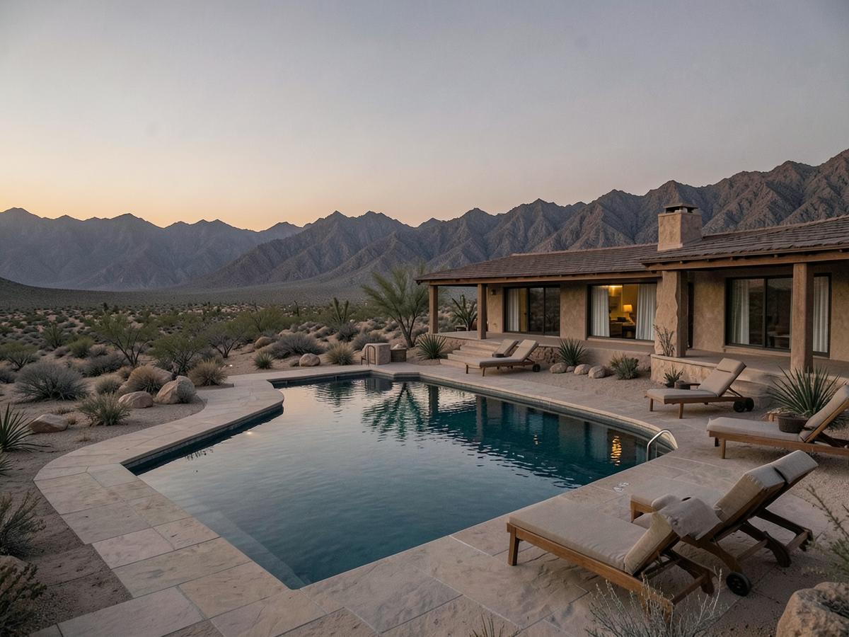 A quiet desert retreat pool with mountains behind it at dusk.