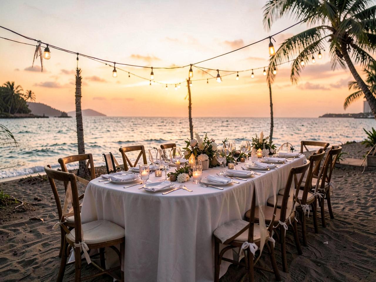 A resort terrace set for a group gathering above the water.