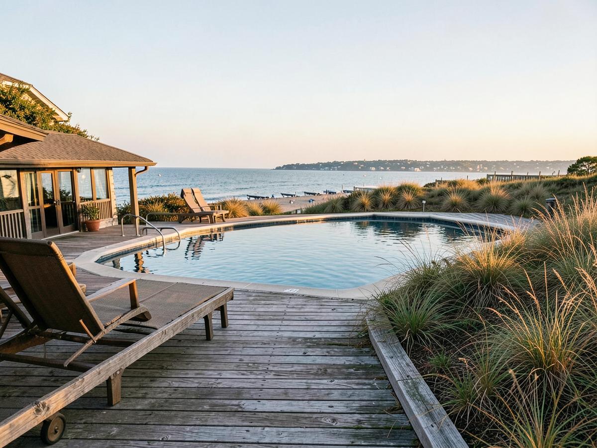 A coastal inn pool deck with dune grass and an ocean view in late light.