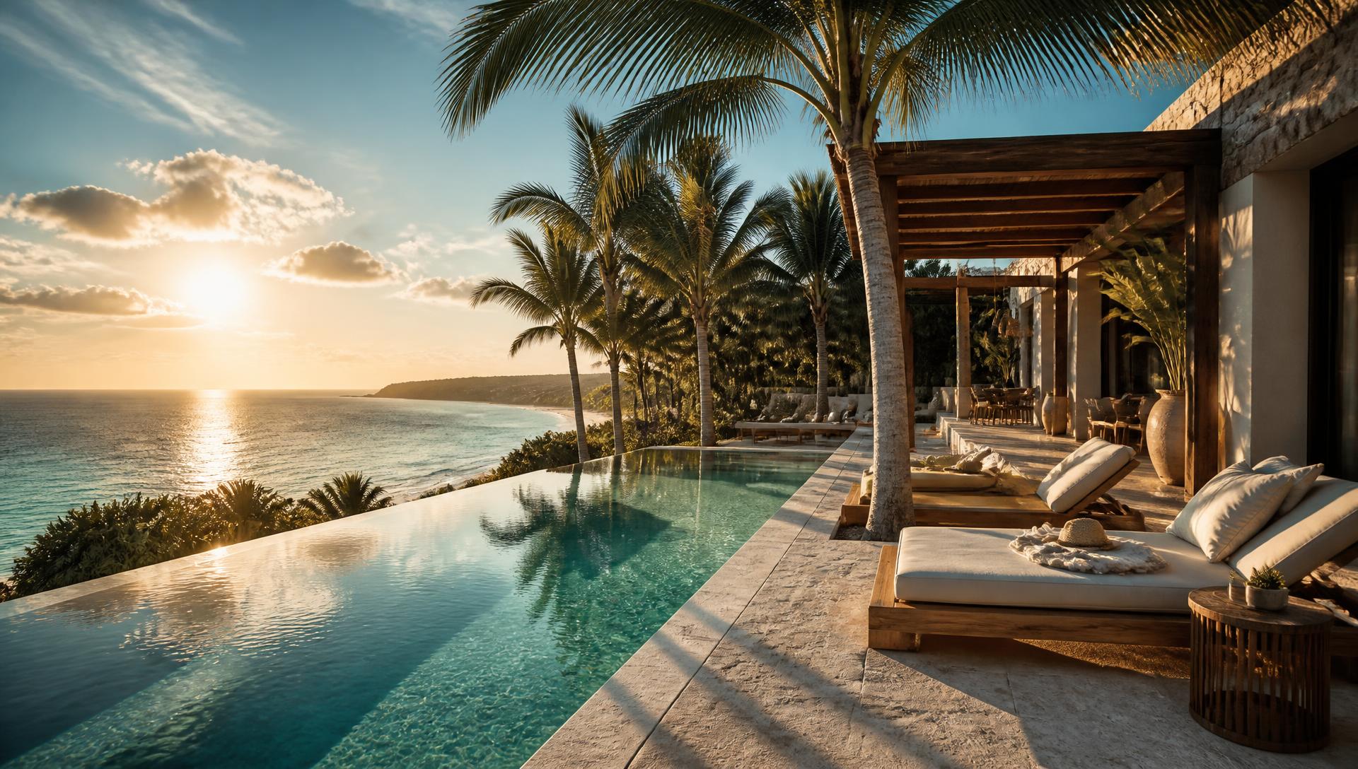 An oceanfront resort with an infinity pool overlooking the sea at golden hour.