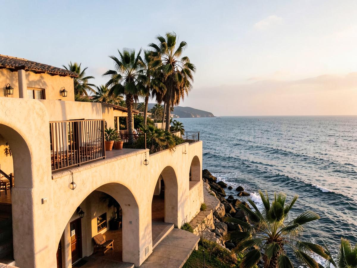 Stucco resort architecture with arches above a rocky Mexican coastline.