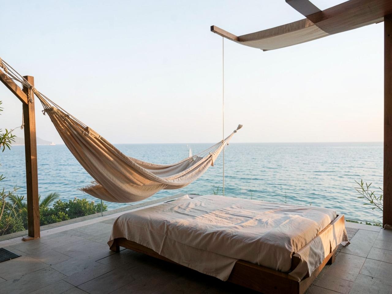 A shaded resort terrace with a hammock and daybed overlooking a calm sea.